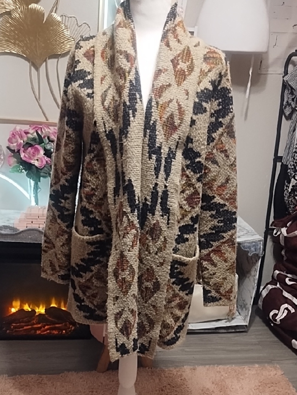 Woven Heart Neutral Tweed Knit Cardigan with Multicolor Flecks